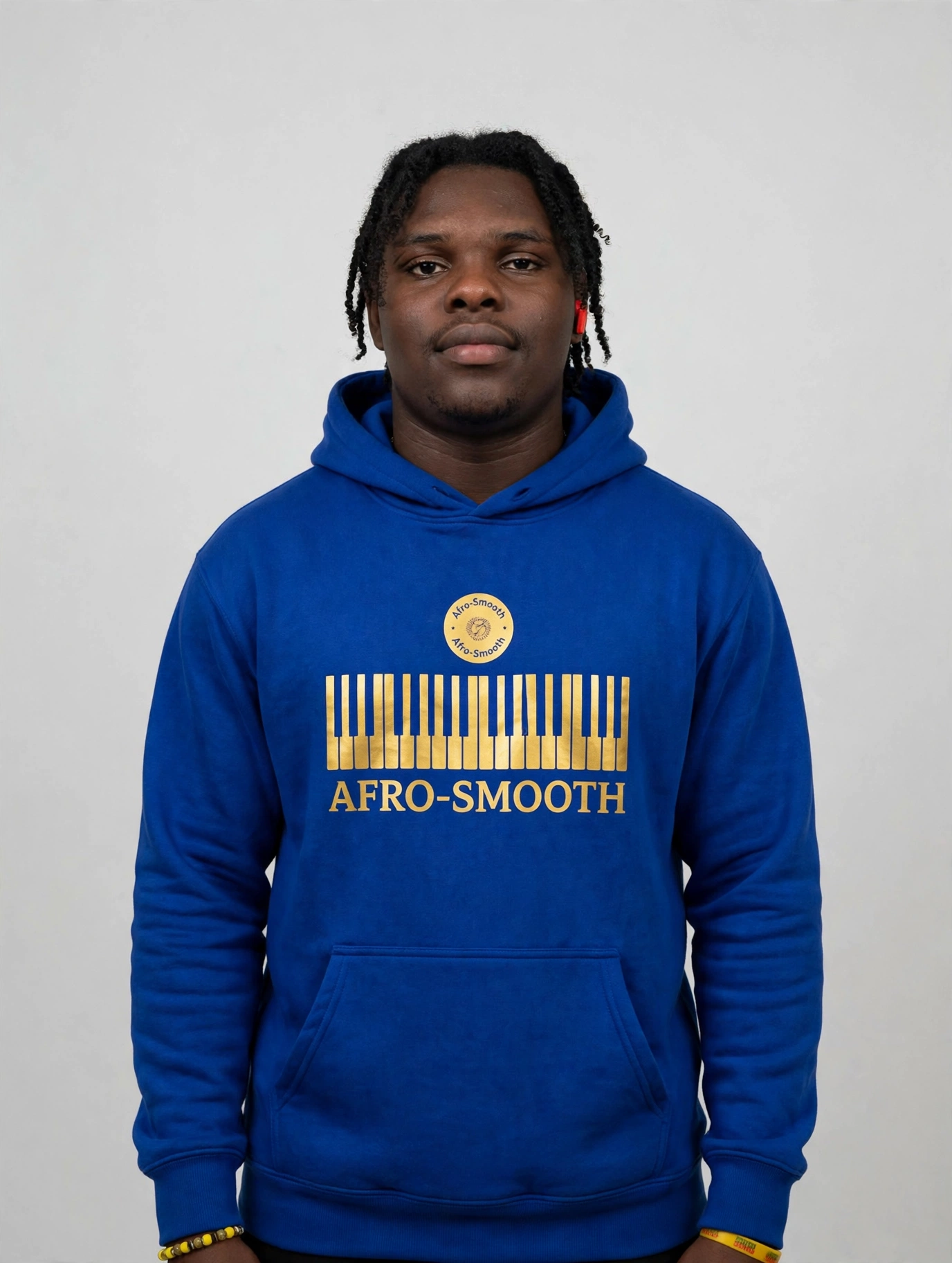 D wearing the blue Afro-Smooth hoodie