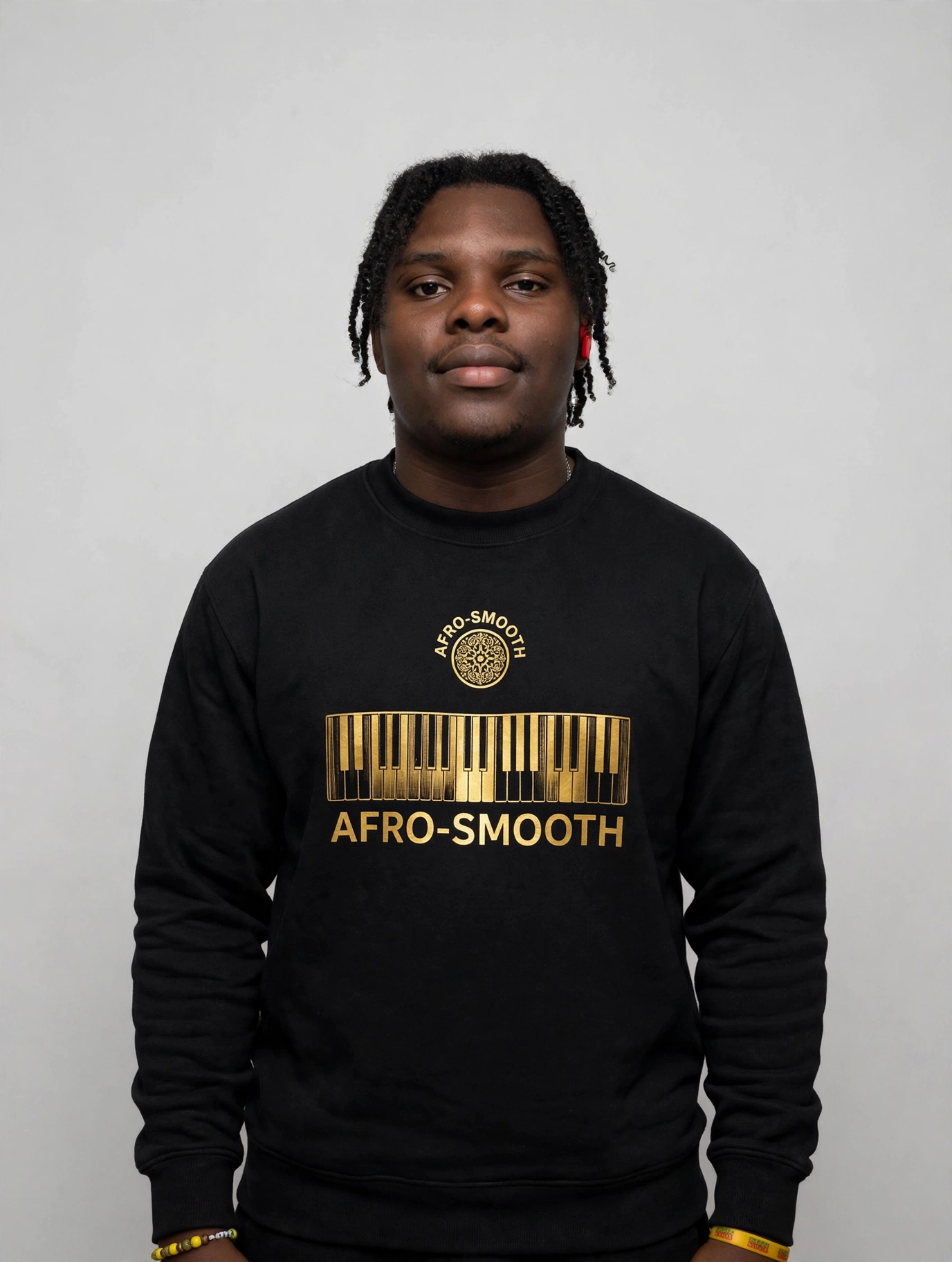 D wearing the black Afro-Smooth sweatshirt