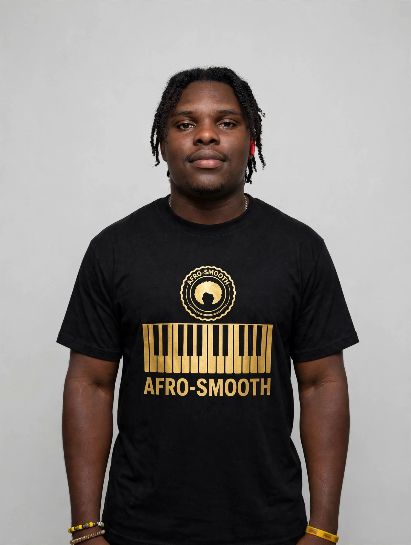 D wearing the black Afro-Smooth tee